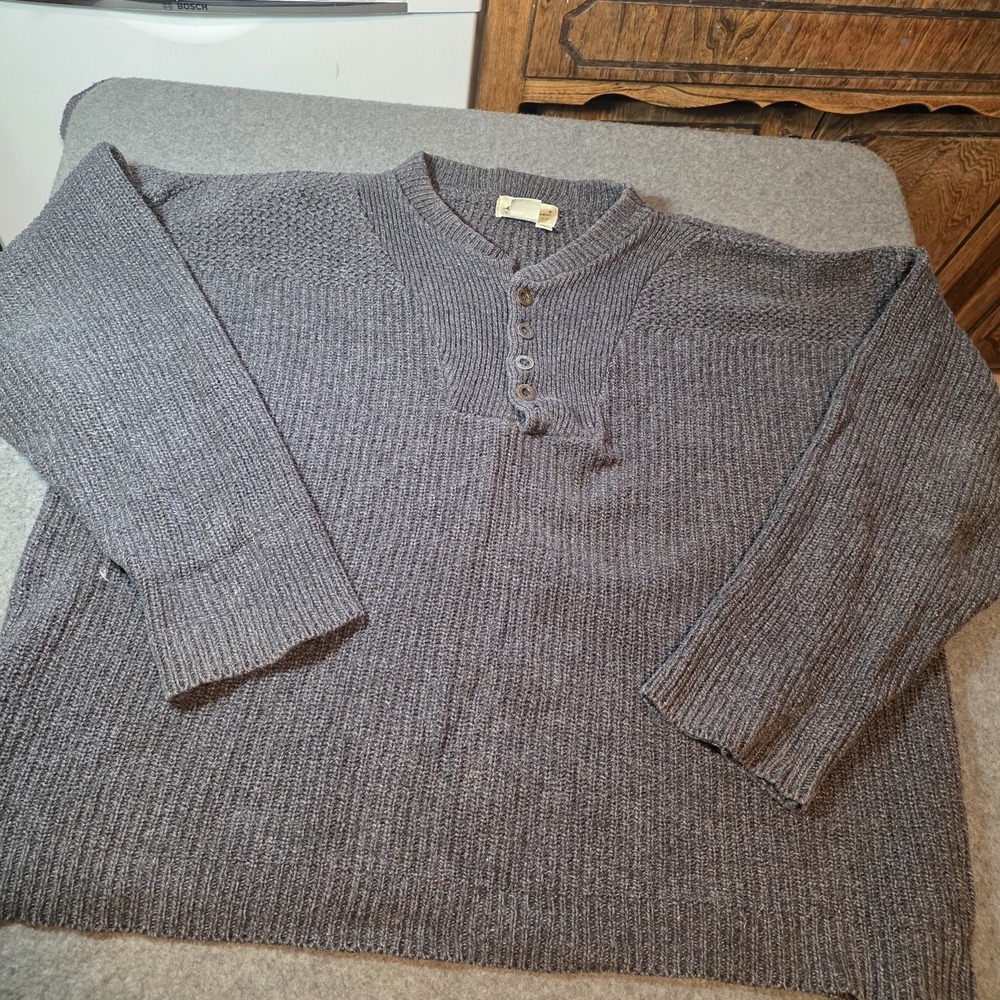 charcoal grey vintage Eddie Bauer heavy knit cotton henley sweater Xl K2